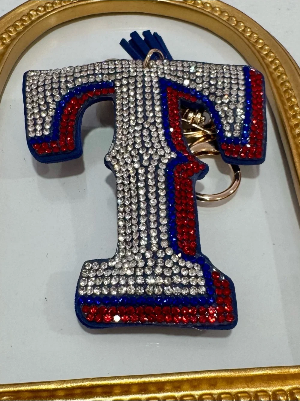 New Crystal-Embellished Letter T Keychain - Blue, Red & Silver